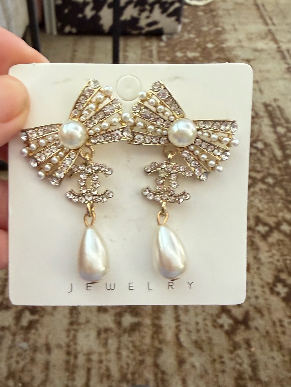 Gold Crystal & Pearl Drop Bow Earrings - Fashion Jewelry, NEW, fashion